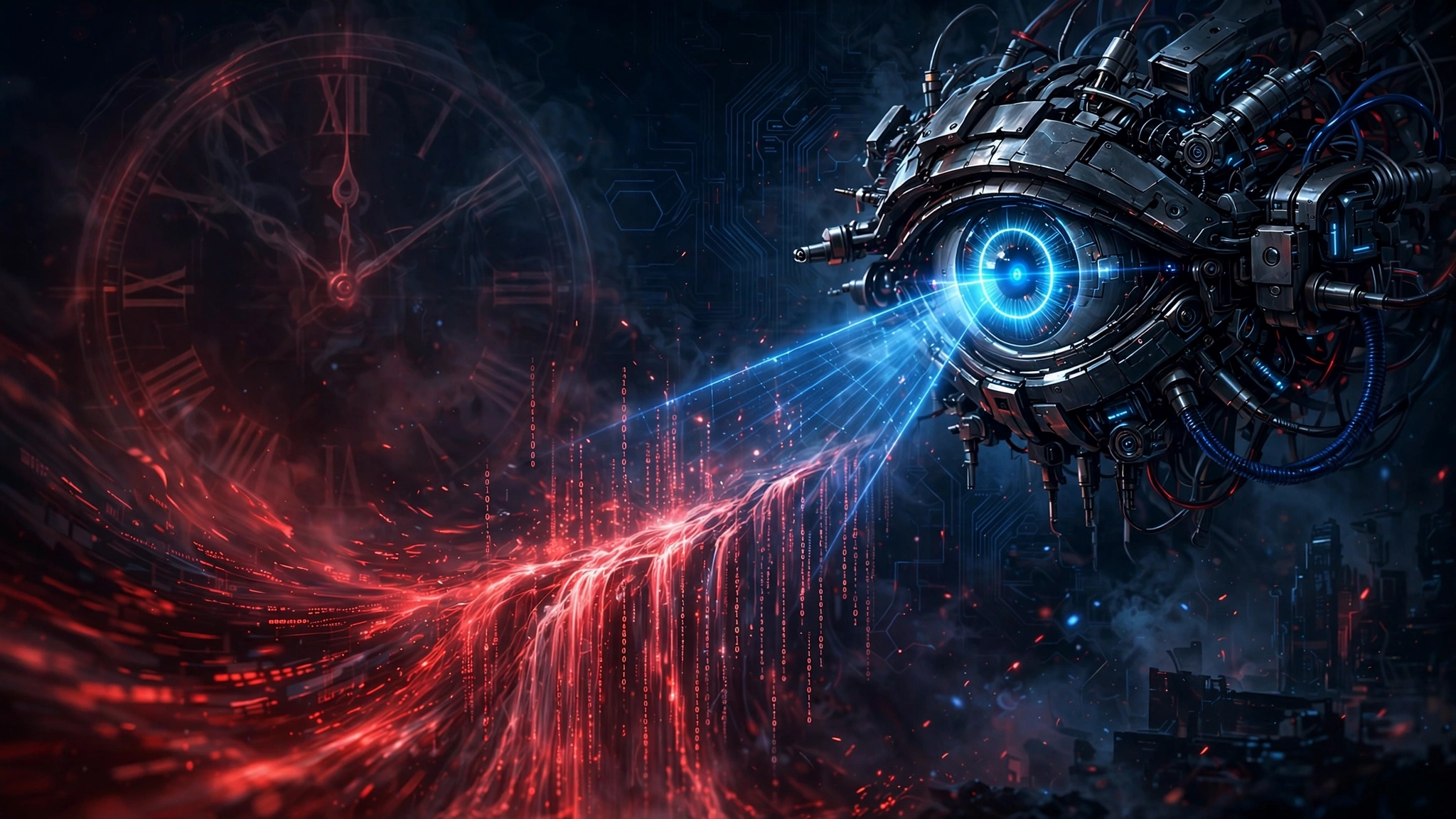 AI 机械眼扫描代码流，背景是倒计时钟表